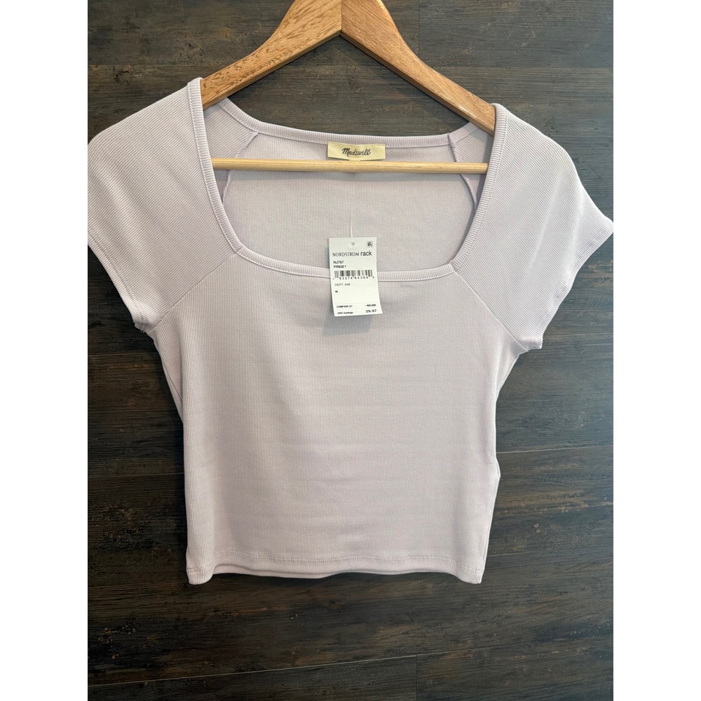 Madewell Lilac Ribbed Square Neck Short Sleeve Top NJ767 Lavender Medium NWT